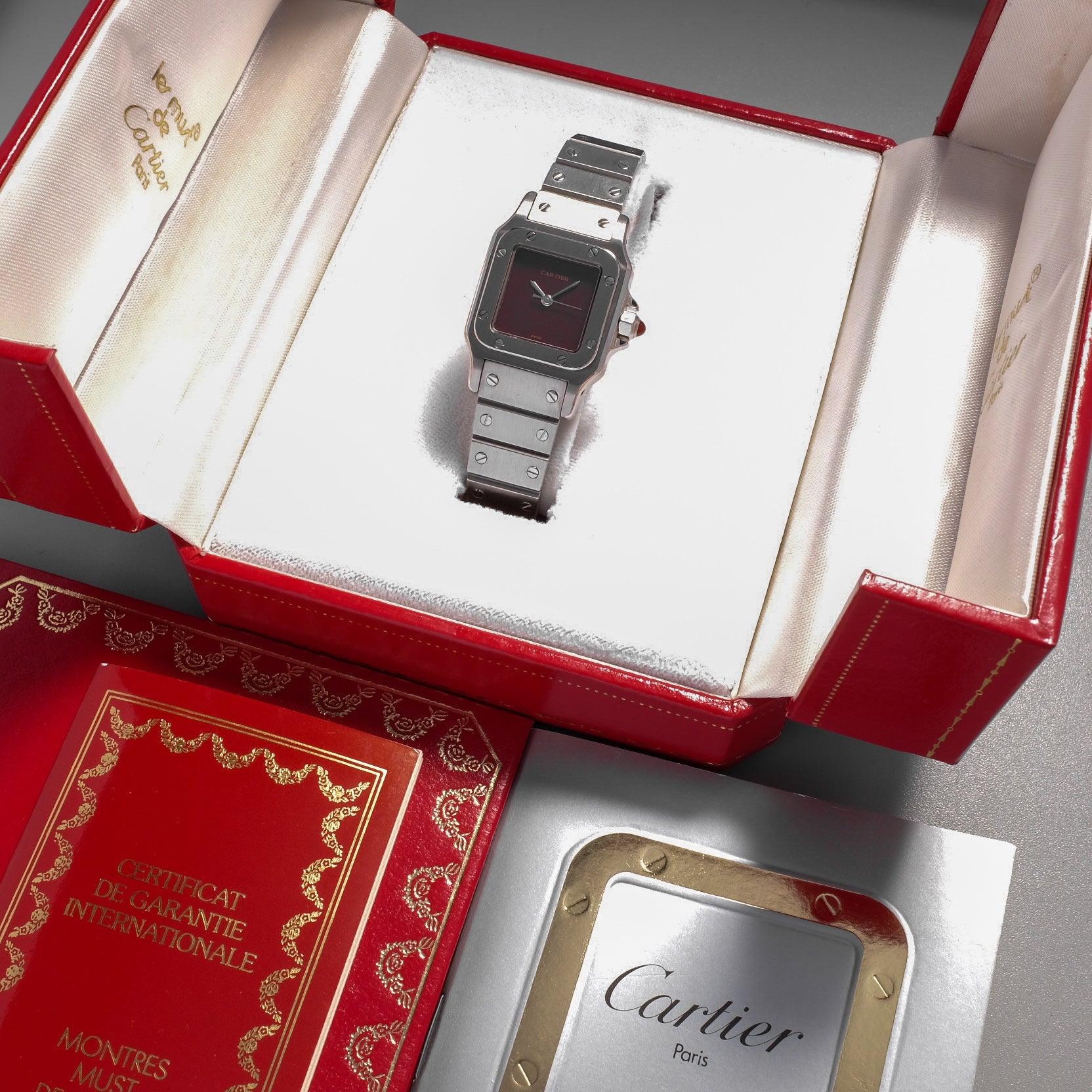 Cartier Santos Carree 0901 from 1979 (Burgundy Dial, Box and Papers)